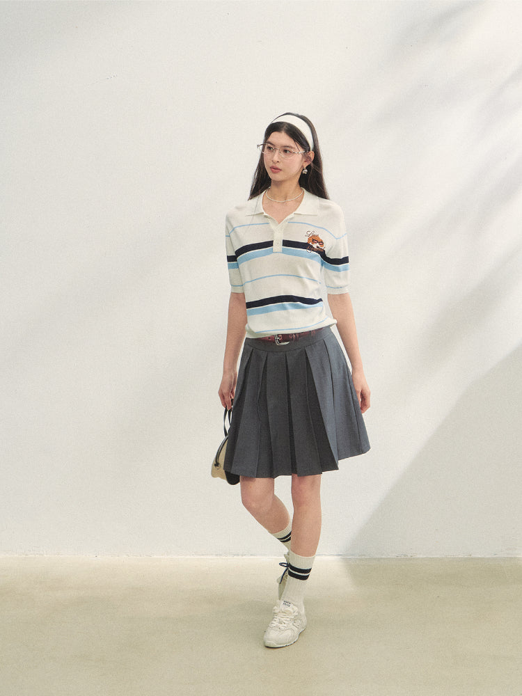 Fake Two-piece Printed Belted Pleated Skirt