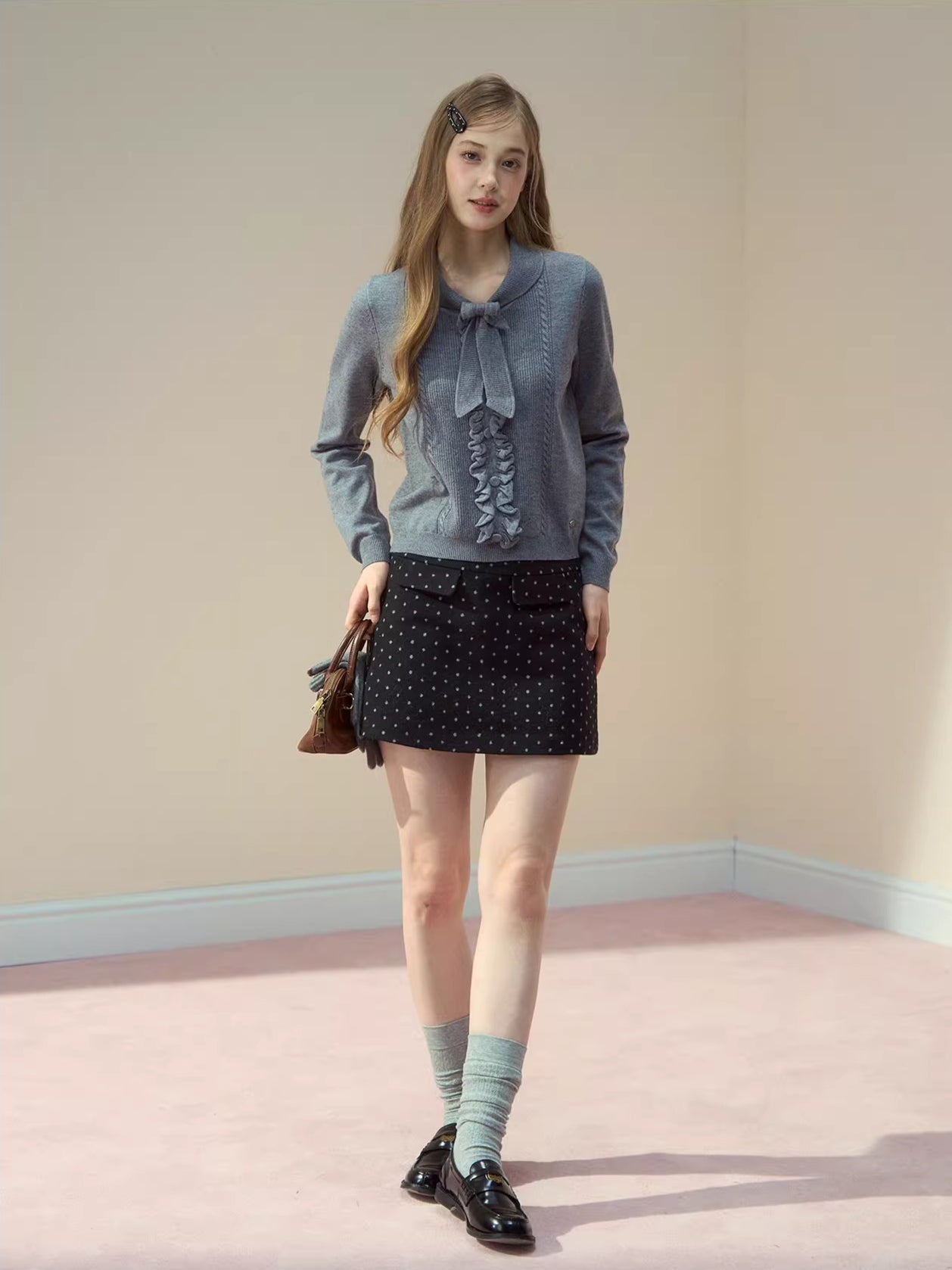 Ruffle-Tie Knit Peter-Pan Collar Sweater
