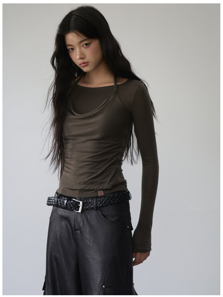Fake Two-Piece Knit Long-Sleeve Blouse
