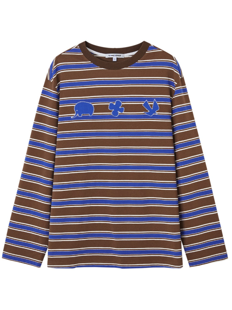 Color-Block Applique Embroidered Striped Long-Sleeve T-Shirt