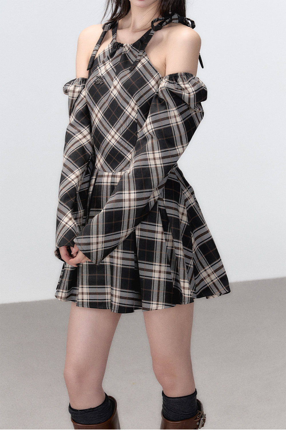 Black Plaid A-line Halter Mini Dress