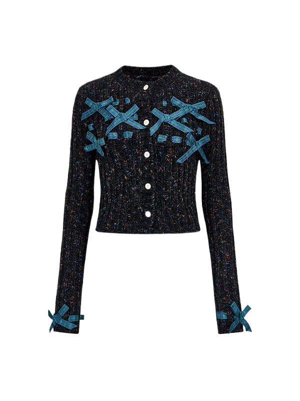 Bowknot Knit Cardigan & Hat & Scarf Set