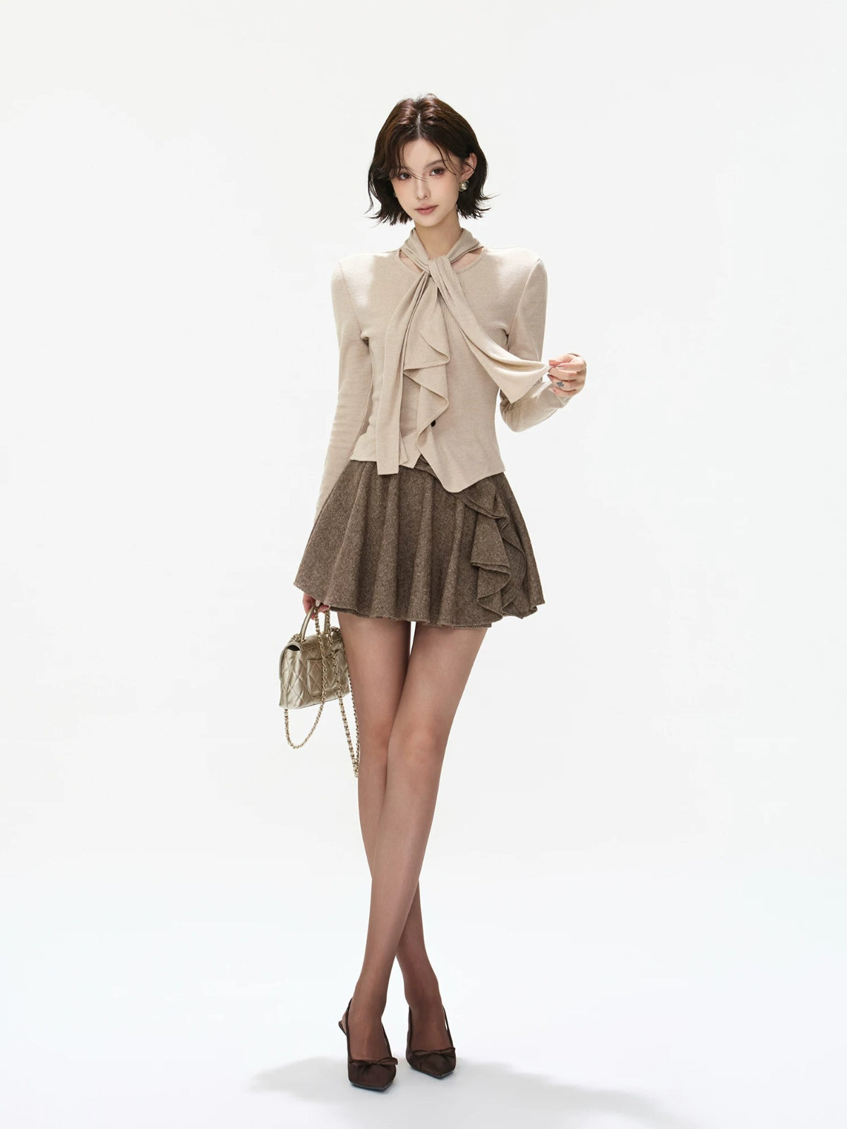 Textured Wool Blend Ruffle Mini Skirt