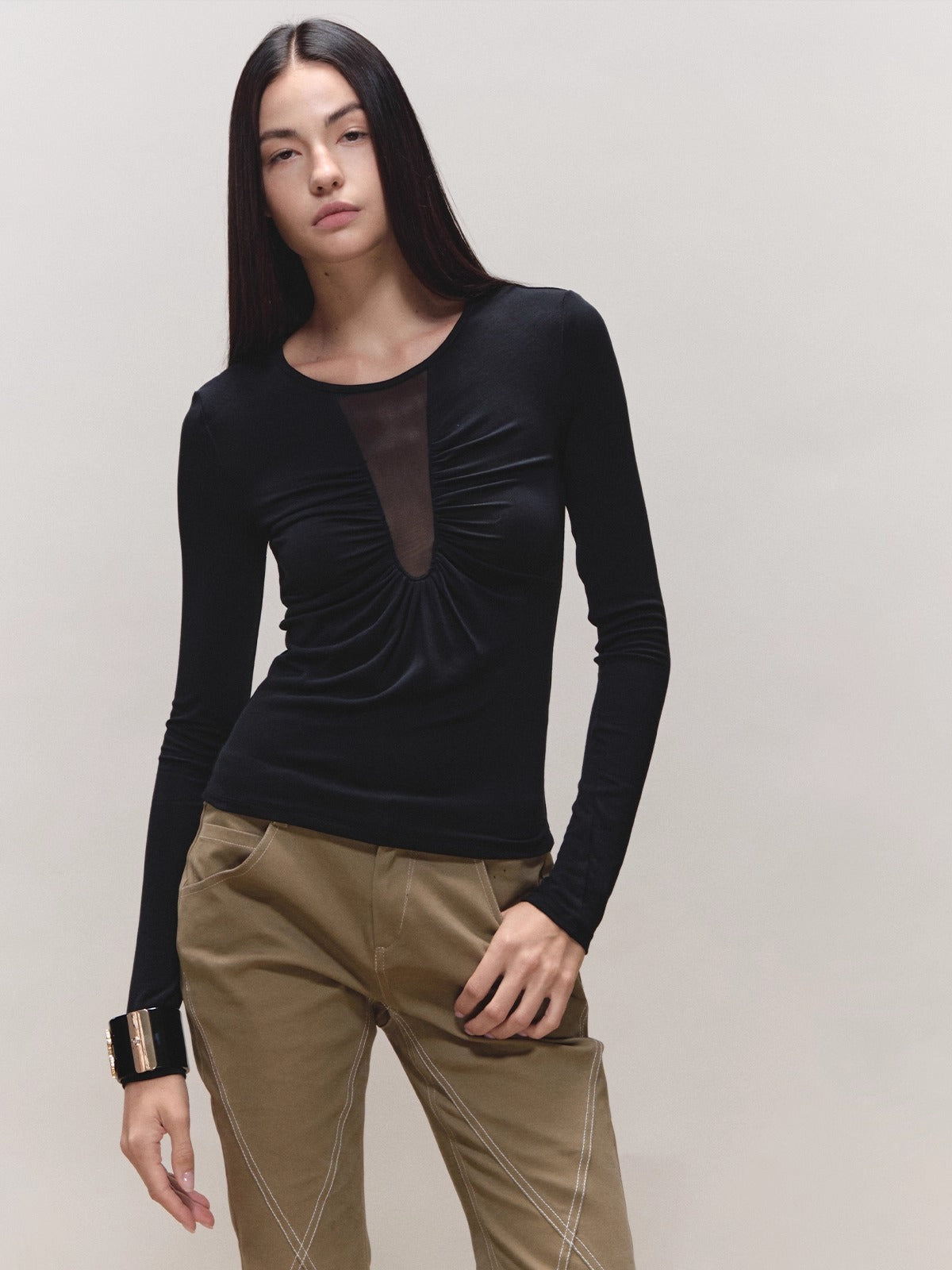 Tencel Ruched Mesh V-Neck Top
