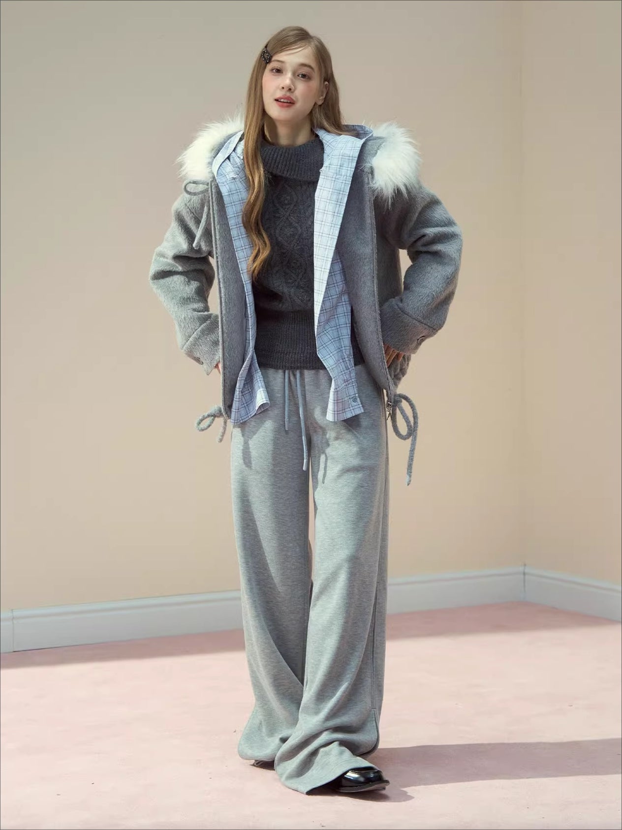 Checked Waist Wool Straight-Leg Pants