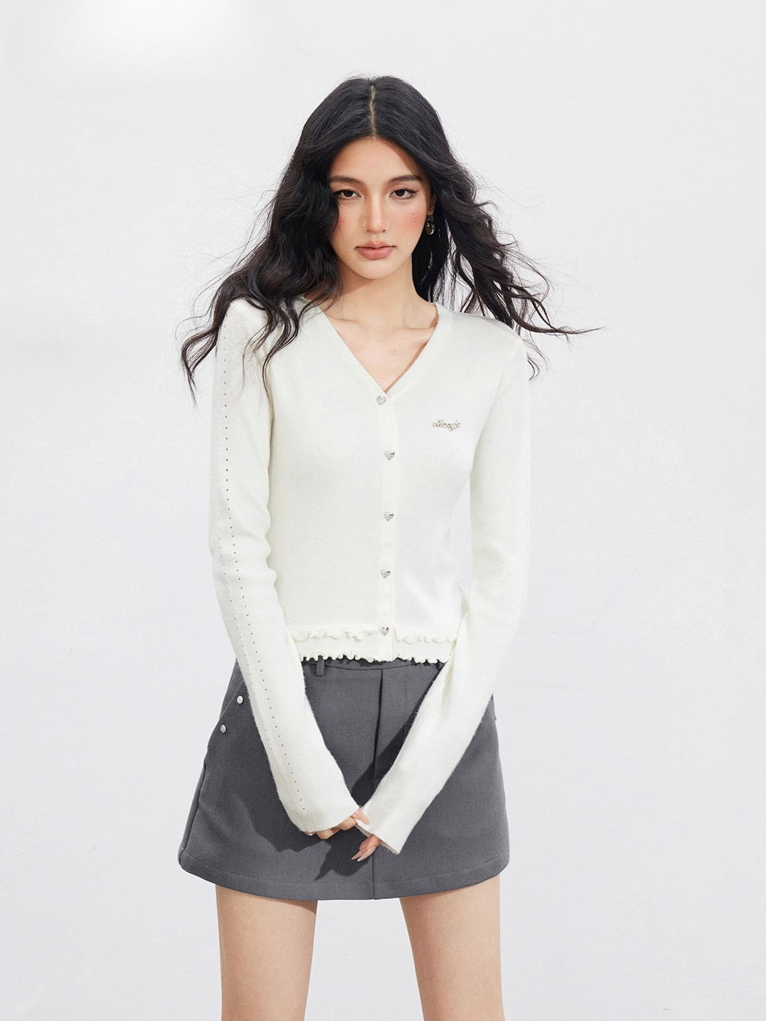 Lace-Trim Slim Knit Cardigan