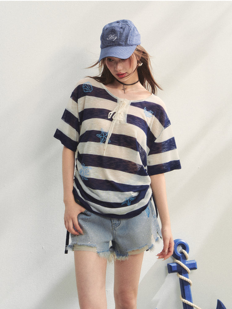Striped Embroidery Drawstring Tie T-Shirt