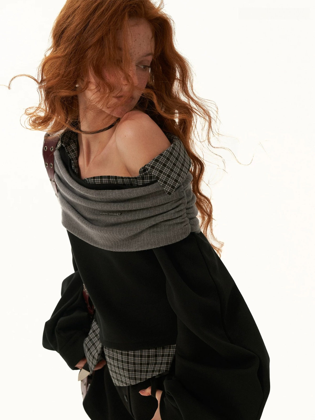 Off Shoulder Plaid Layered Top