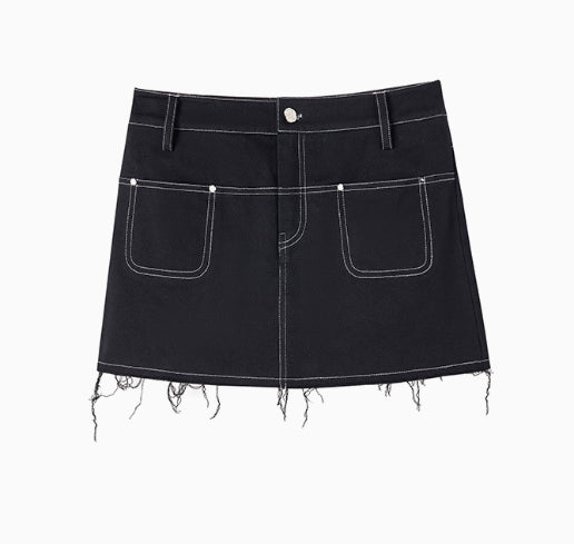Black Denim 2-in-1 Studded Frayed Mini Skirt