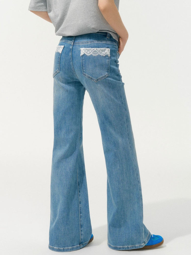 Light Blue Lace-Edge Patchwork Washed Denim Pants