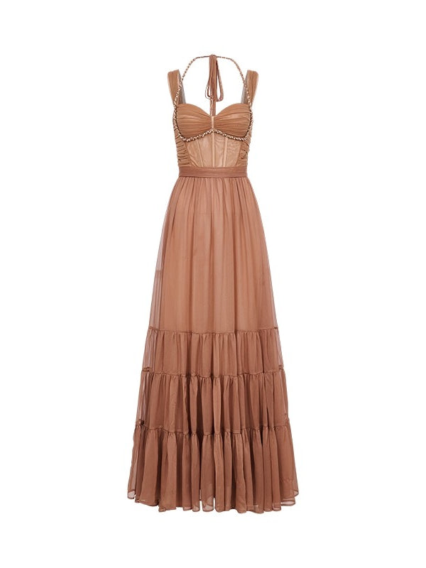 Tia Beaded Crochet Pleated Mesh Halter Dress