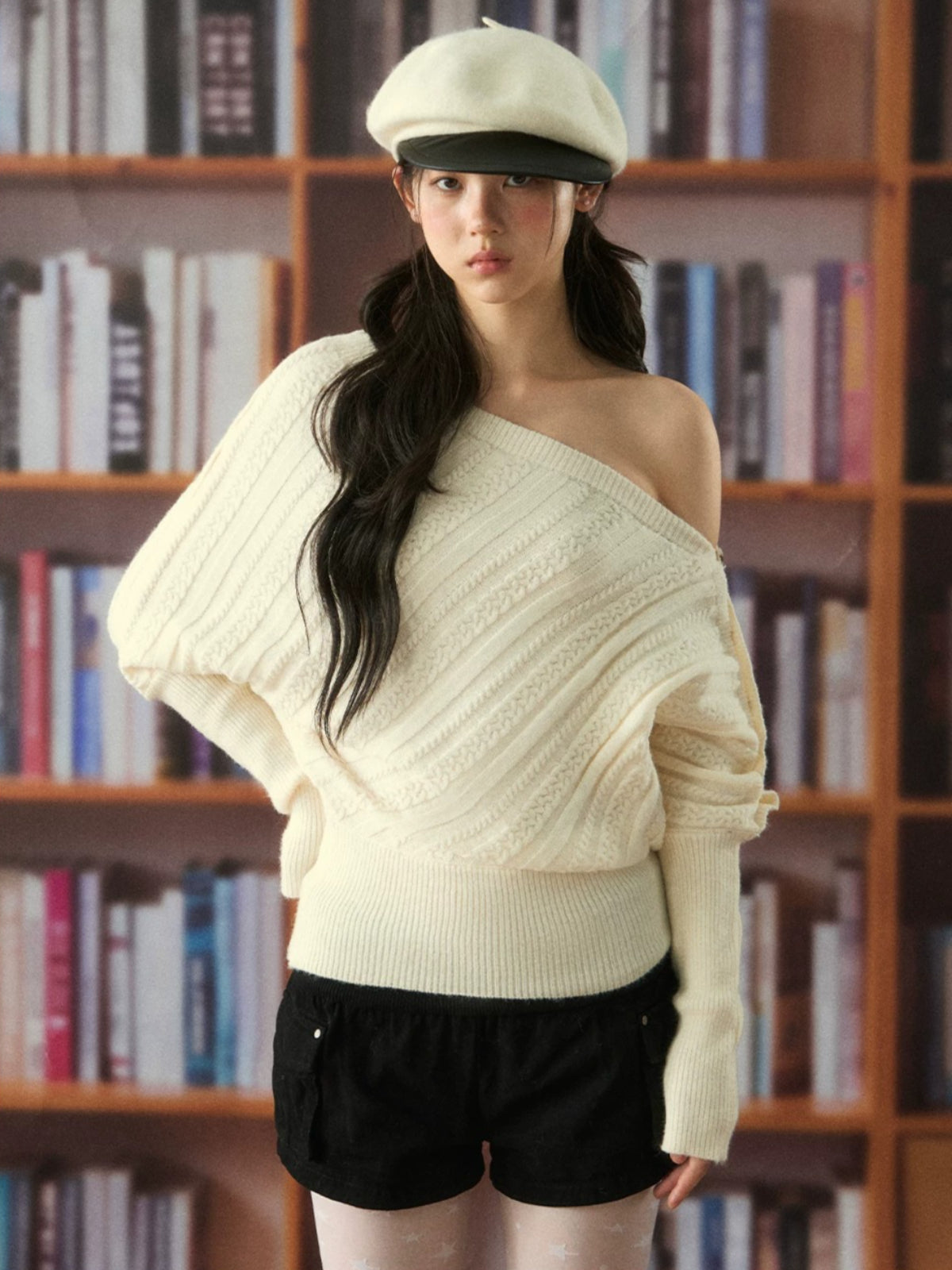 Off-Shoulder Cable Knit Sweater
