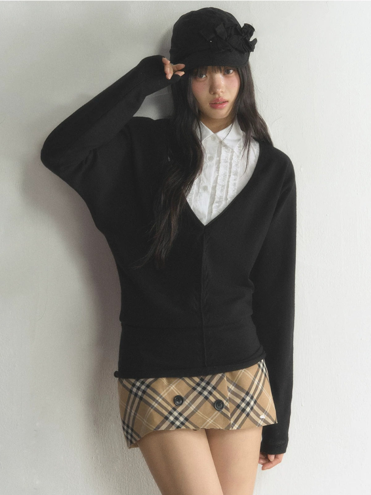 Deep V-Neck Knit Shirt Set