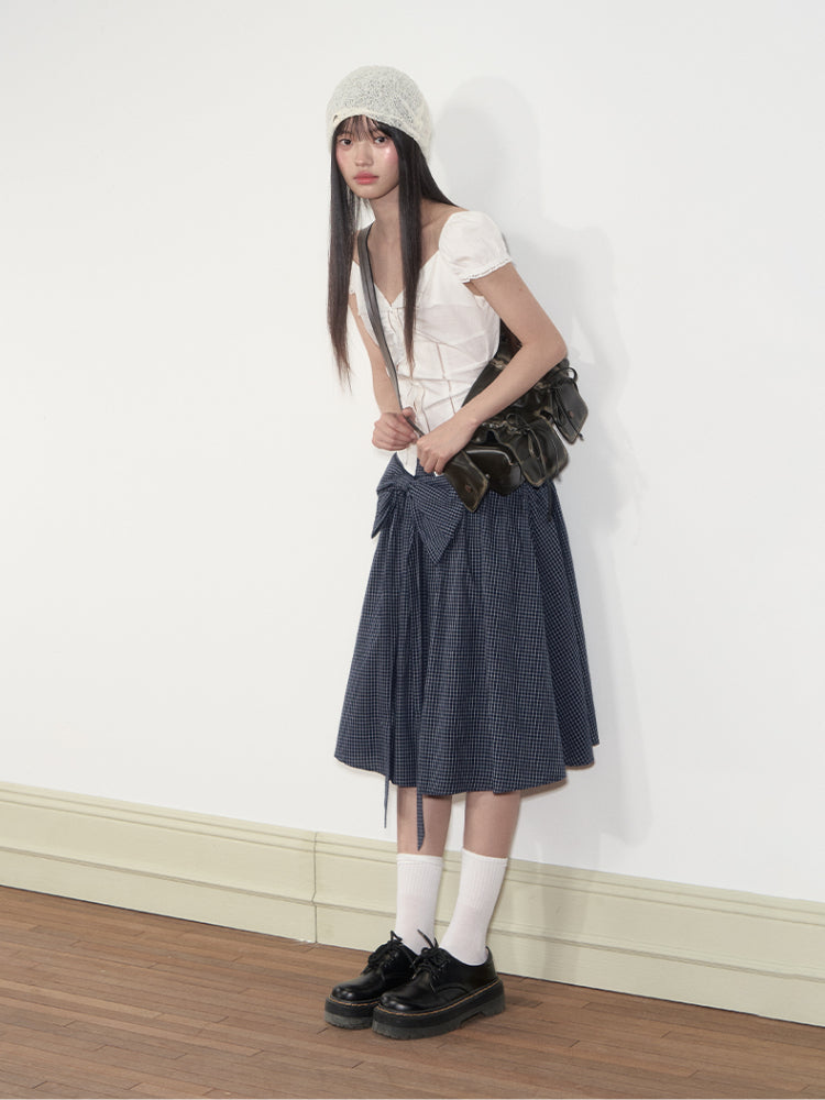 Checkered Bow A-line Midi Skirt