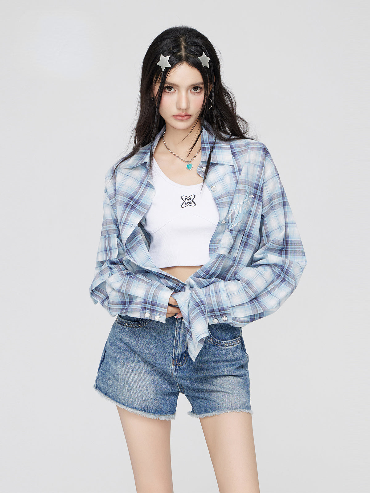 Blue Plaid Embroidered Sunscreen Shirt