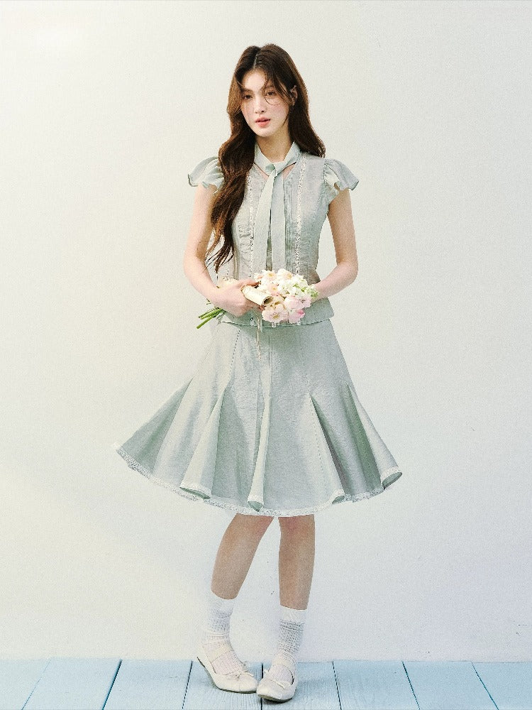 Silk Tie Blouse & Skirt Set