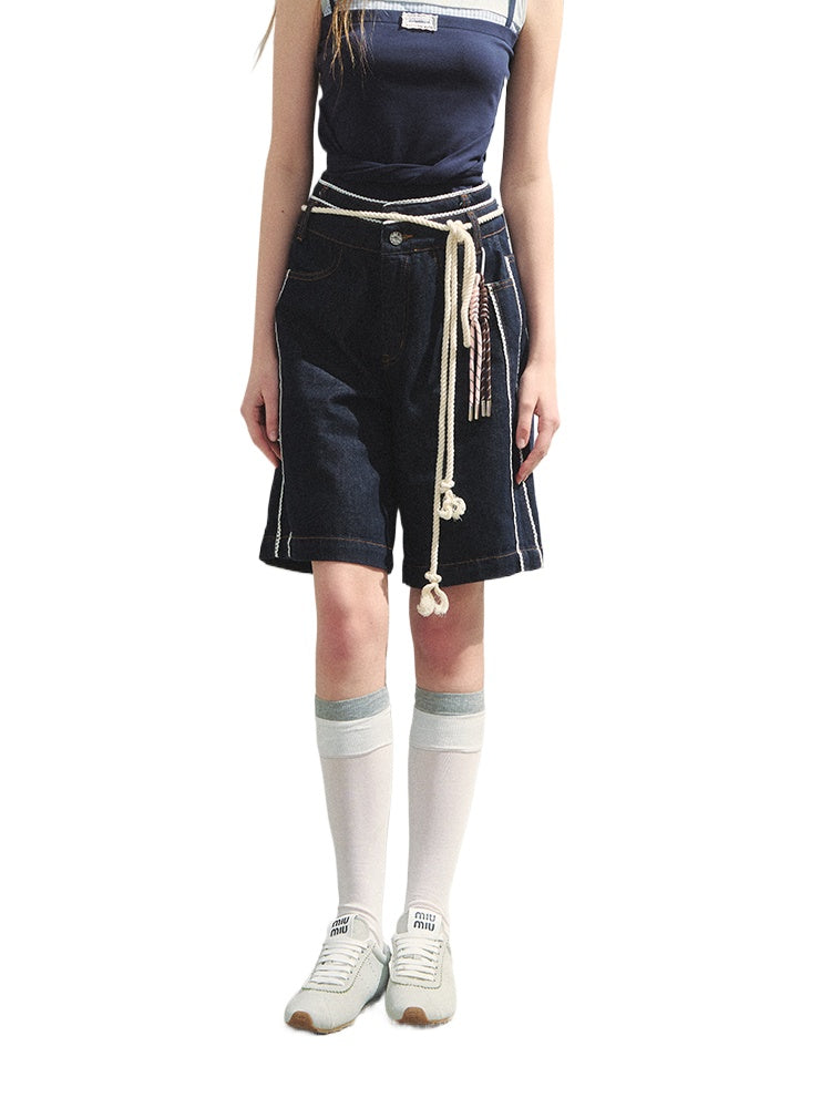 Lace-adorned Polka-dot Denim Capri Pants