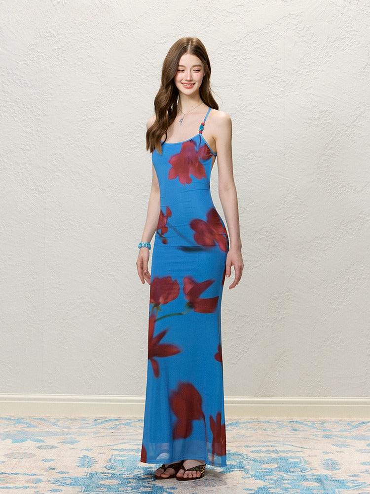 Blue Floral Print Backless Tie Dress