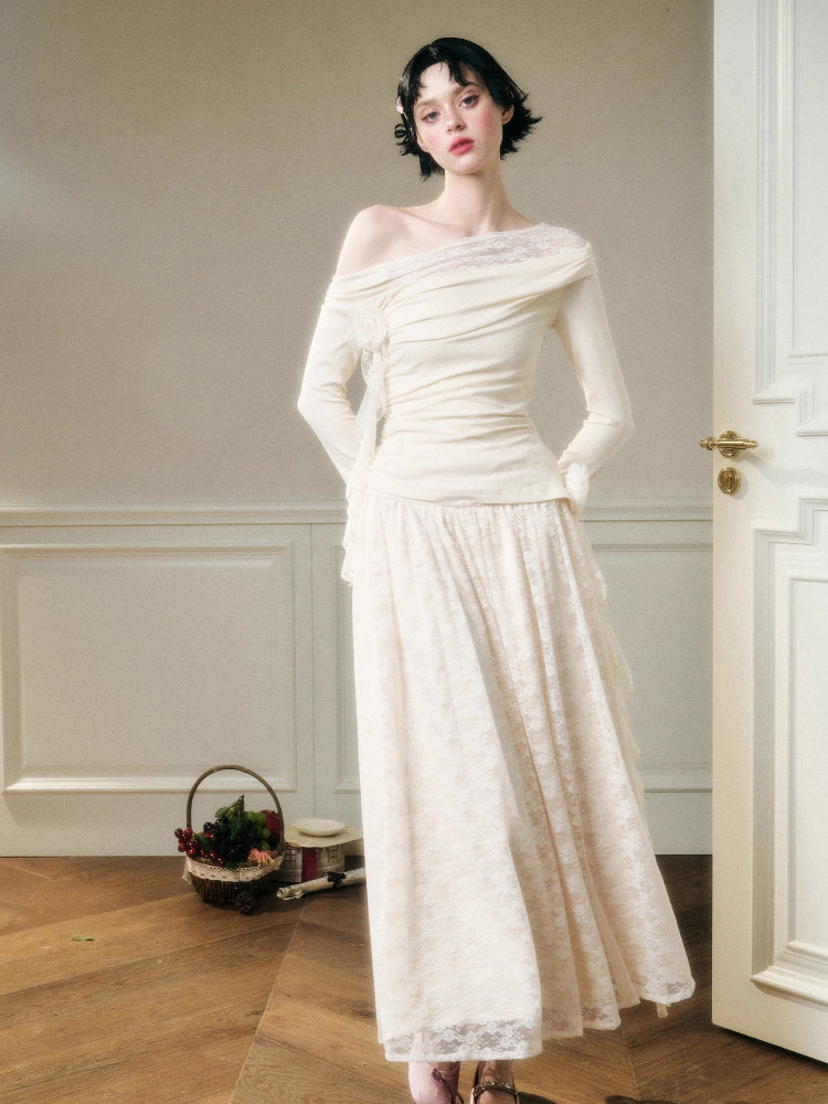 Lace Floral Asymmetrical Off-Shoulder Top & Skirt Set