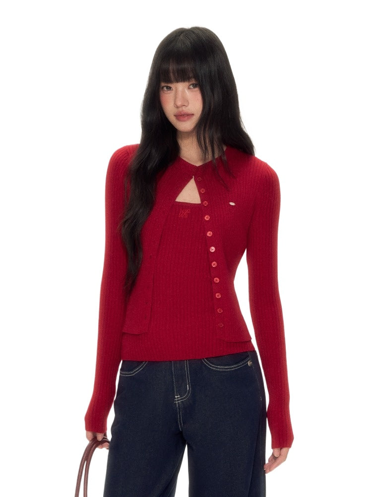 Red Knit Cardigan & Vest Set