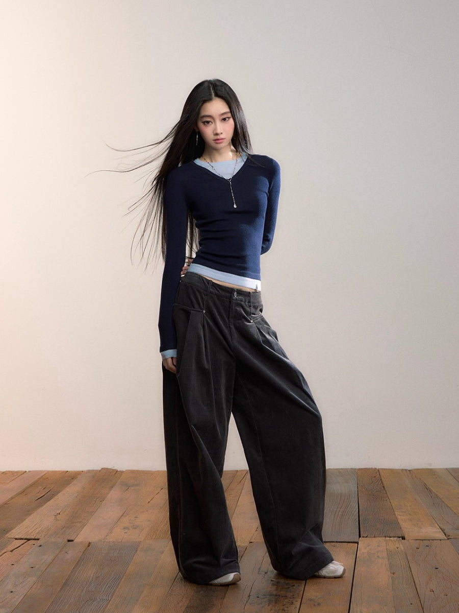 Dark Gray Pleated Corduroy Retro Casual Trousers