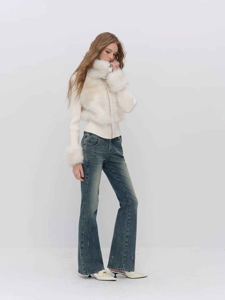 Faux Fur Patchwork Fitted Knit Jacket