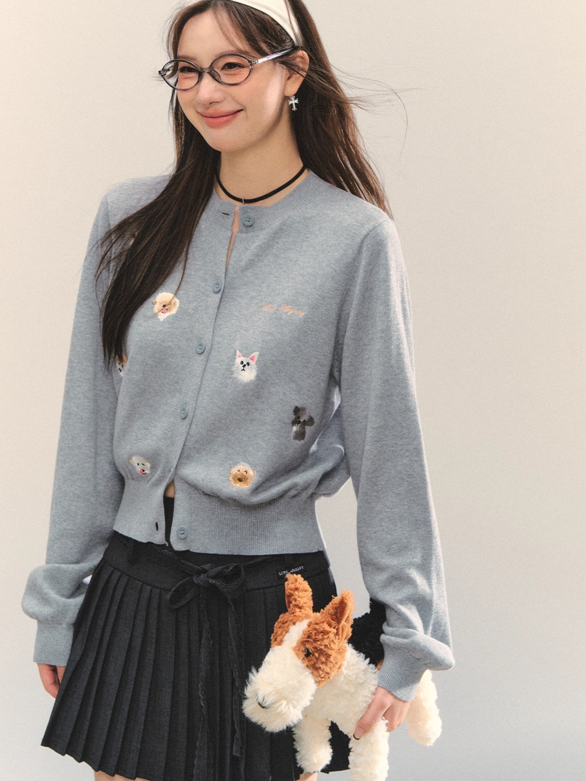 Gray & Apricot Puppy-Embroidered Knit Cardigan