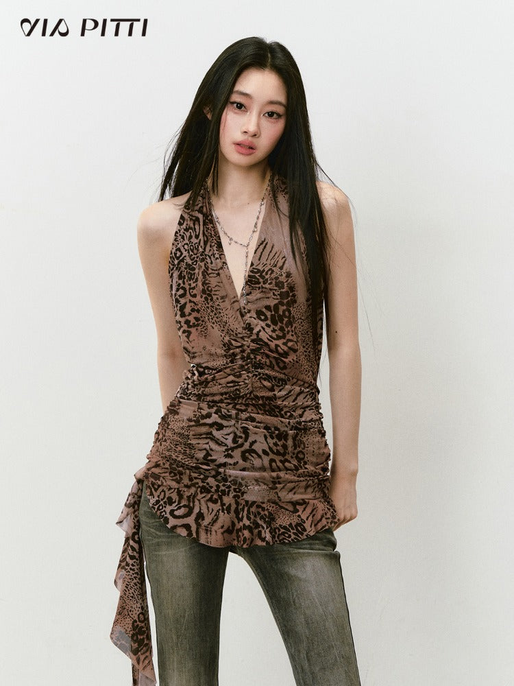 Halter Leopard Print Gathered-Waist Sleeveless Dress