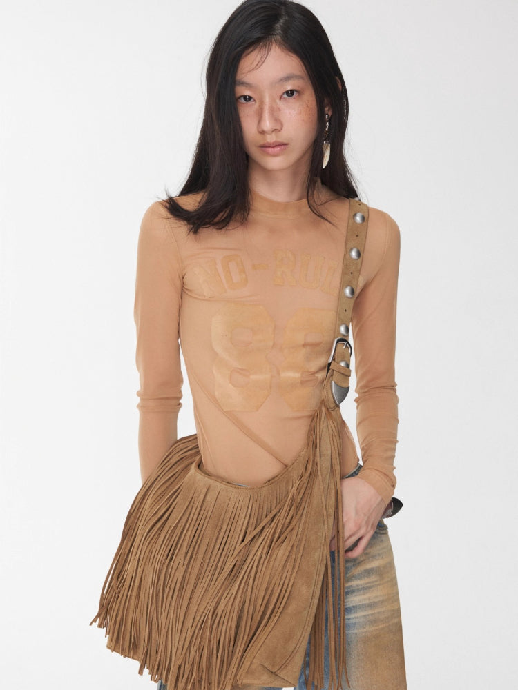 Flocked Mesh Sporty Turtleneck Top