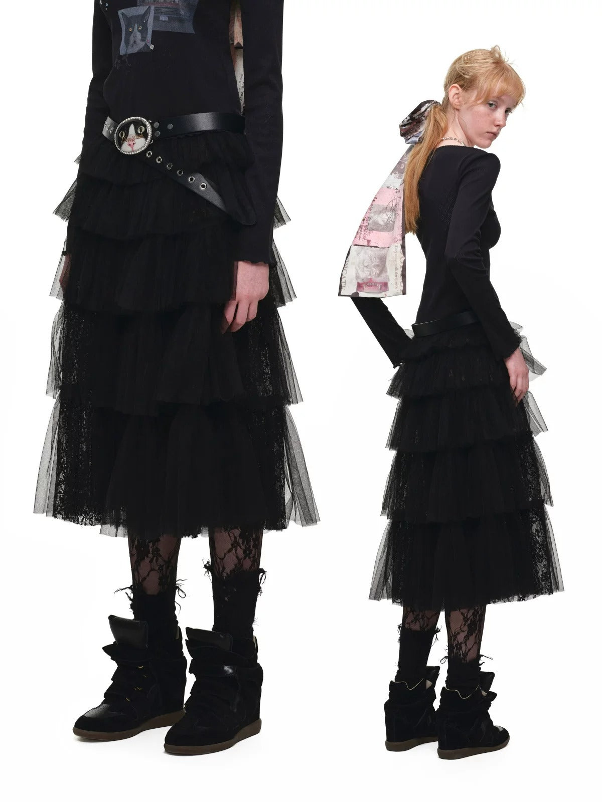 Tiered Lace Slit Midi Skirt