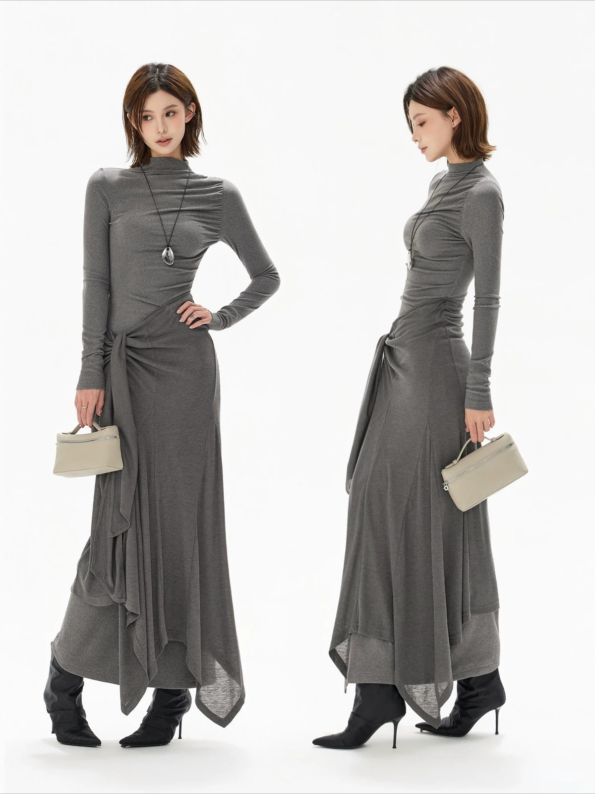 Gray Tie Detail High Neck Knit Dress