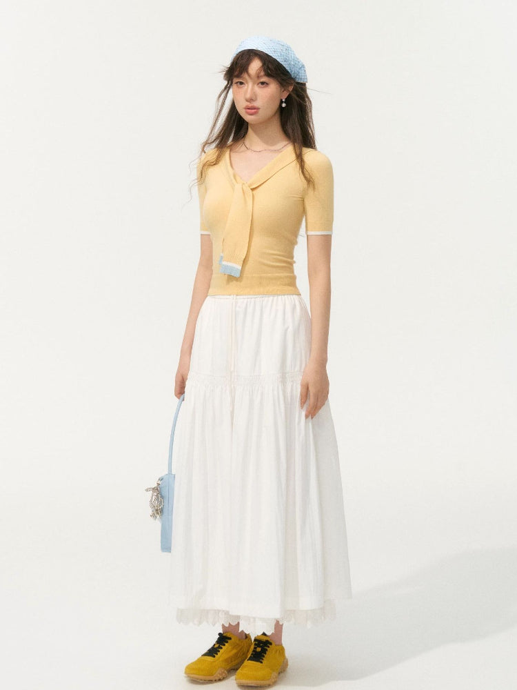 Preppy Style Collared Tie Knit Top