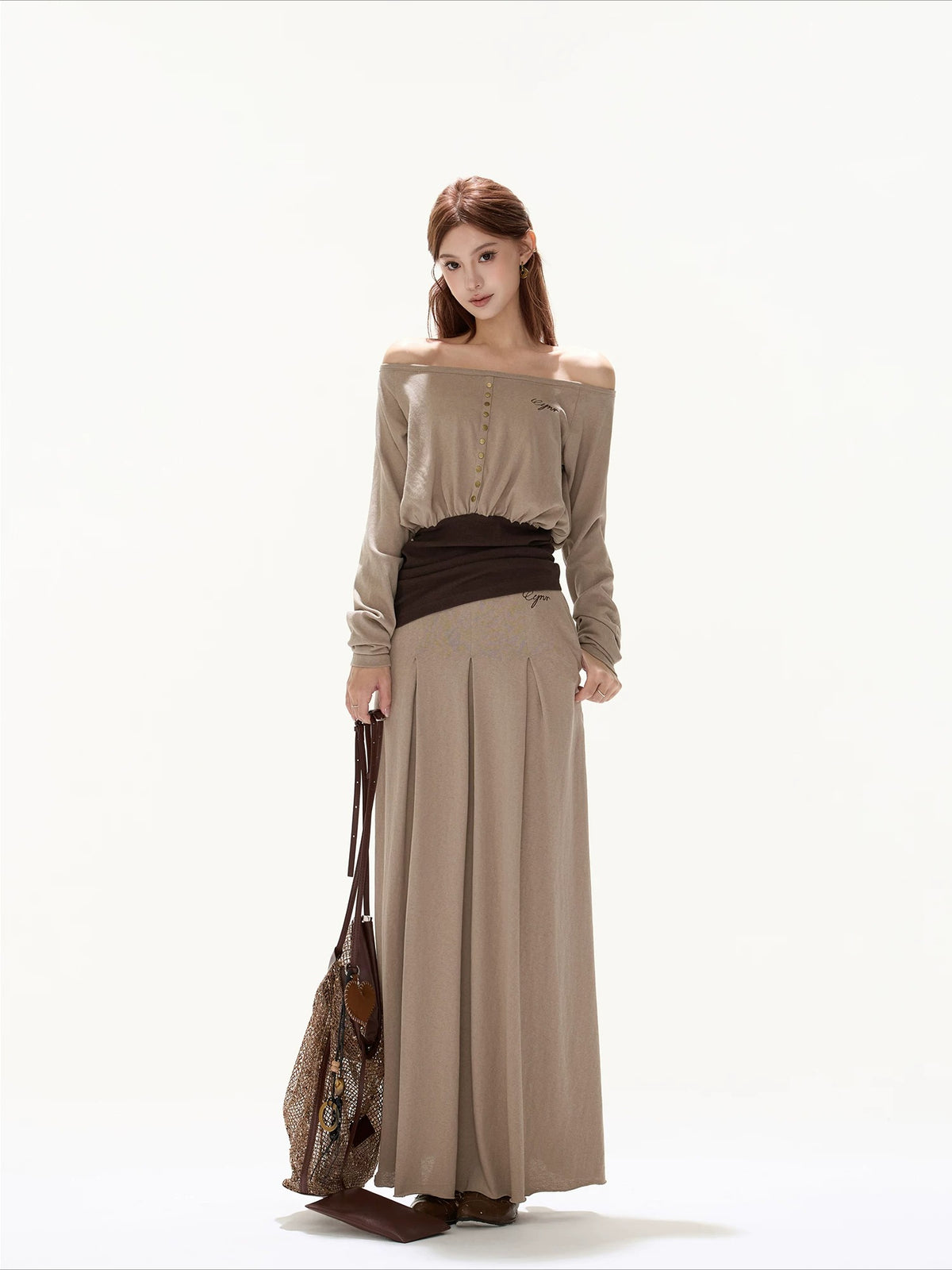 Khaki Off Shoulder Draped Top & Skirt Set