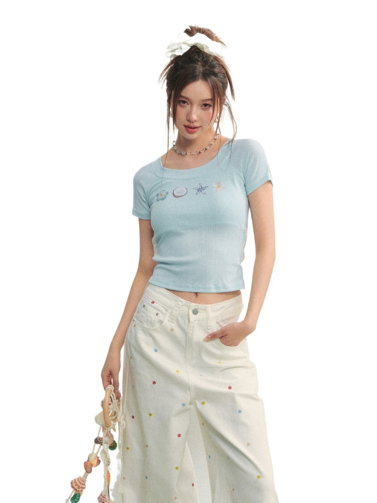 Crew Neck Printed Backless Embroidered T-Shirt