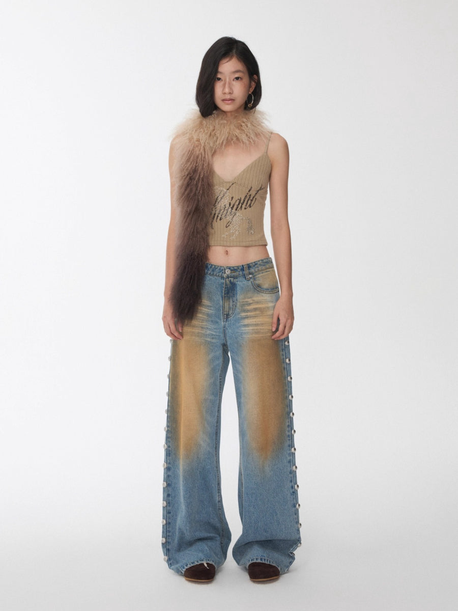 Mud-Dyed Washed Studded Straight-Leg Jeans