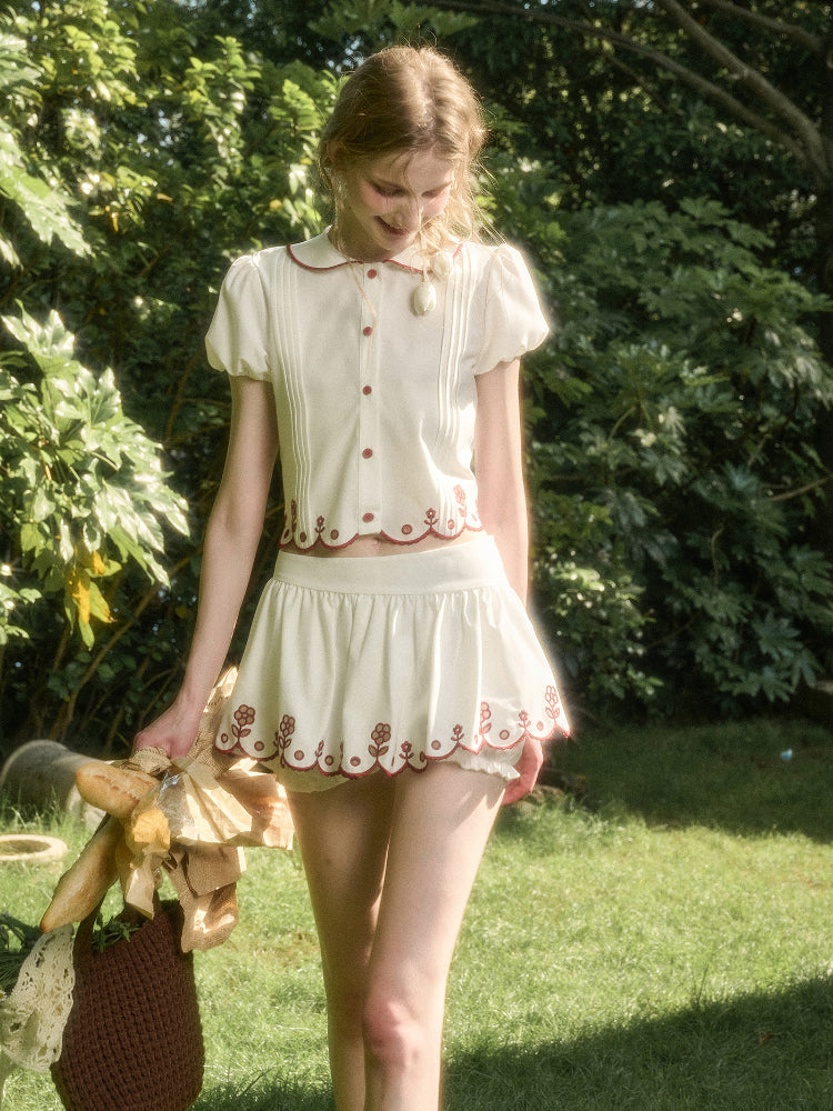 Lace Embroidery Airy Shirt & Skirt Set