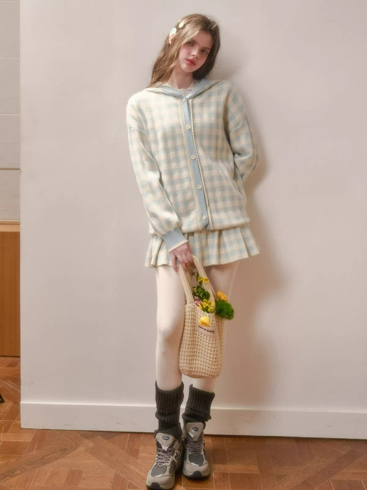 Contrast Gingham Knit Cardigan & Skirt Set