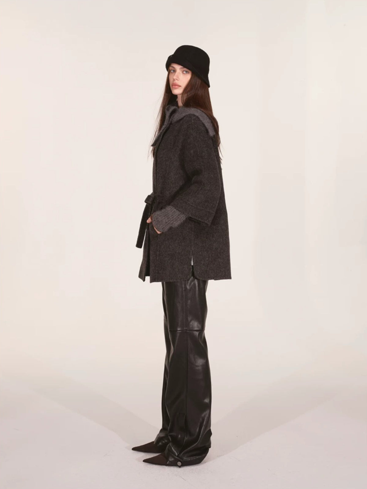 Asymmetric Collar Belted Wool Coat