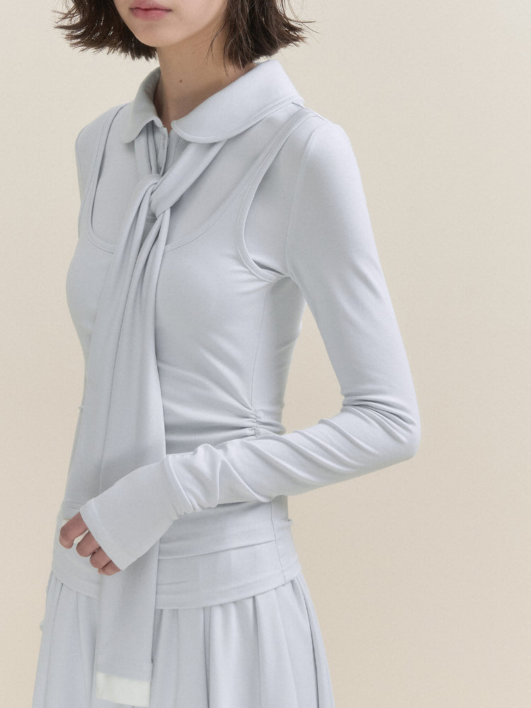 White & Blue Collared Knit Top & Skirt Set