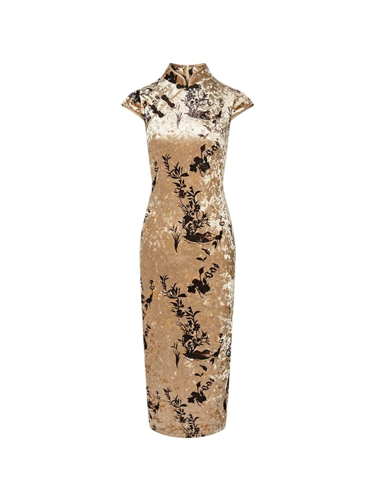 Khaki Velvet Printed Qipao Dress