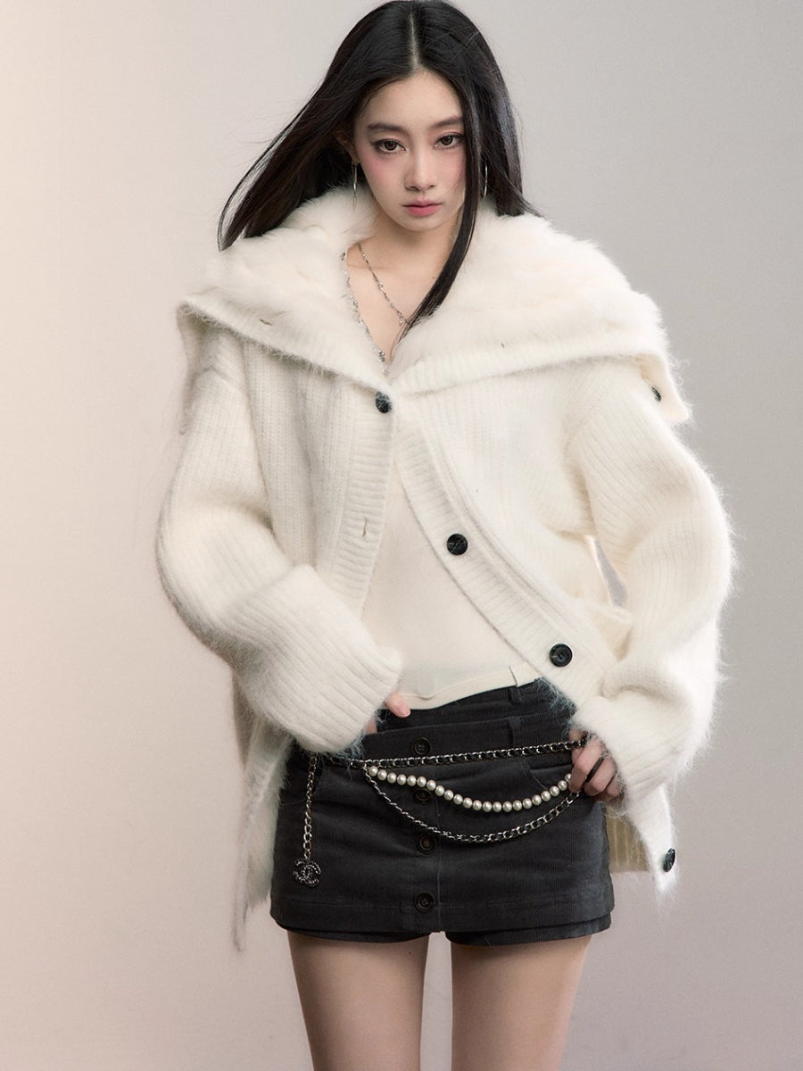 Fox Fur Large Notch Collar Cardigan