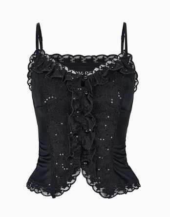 Sparkly Lace Ruffled Edge Tank Top