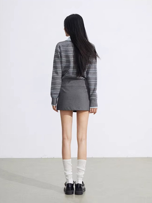 Yellow & Gray Striped Polo Knit Top