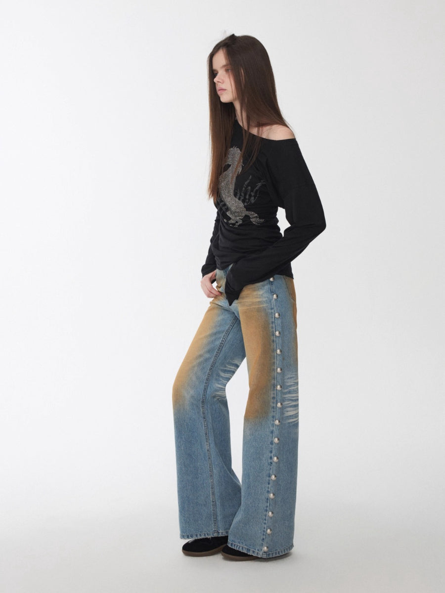 Mud-Dyed Washed Studded Straight-Leg Jeans