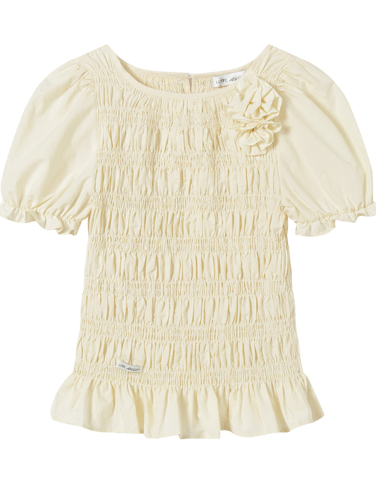 Three-Dimensional Flower Pleated Short-Sleeve Blouse