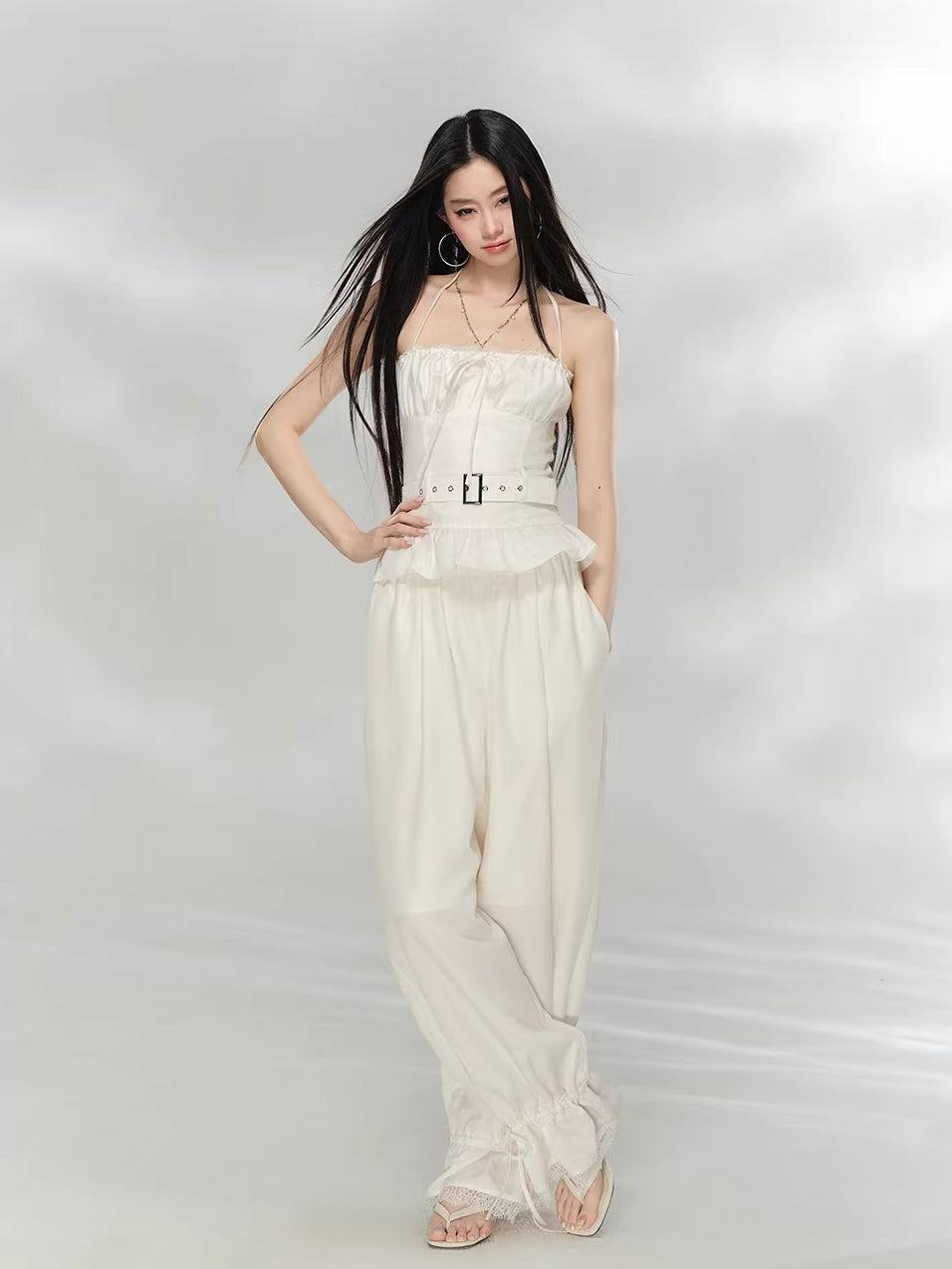 Lace Panel Wide-Leg Pants