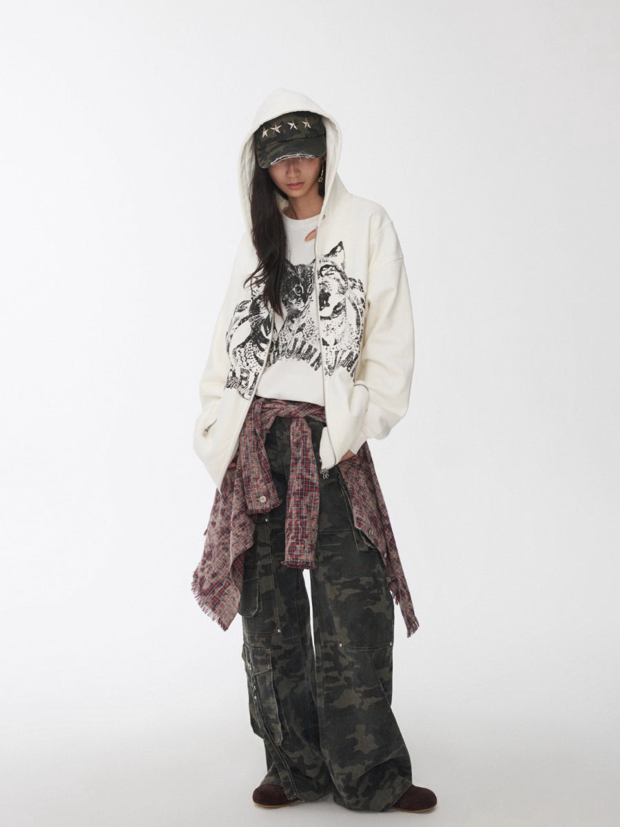 Washed Camo Multi-Pocket Cargo Wide-Leg Pants