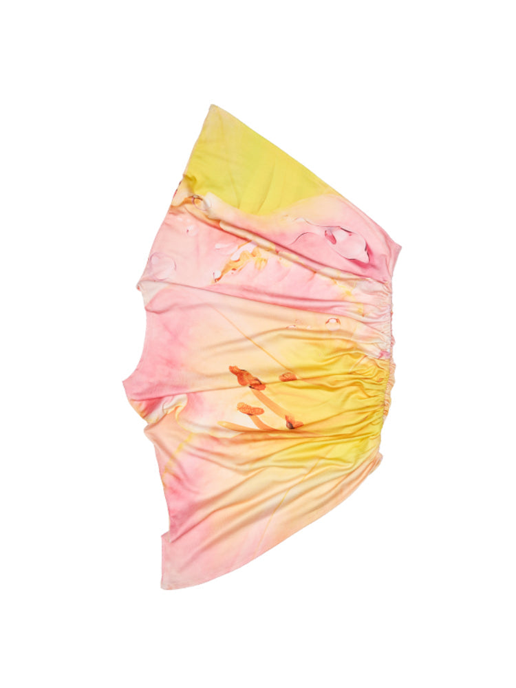 Slanted Shoulder Wrinkle-Printed Floral Vest