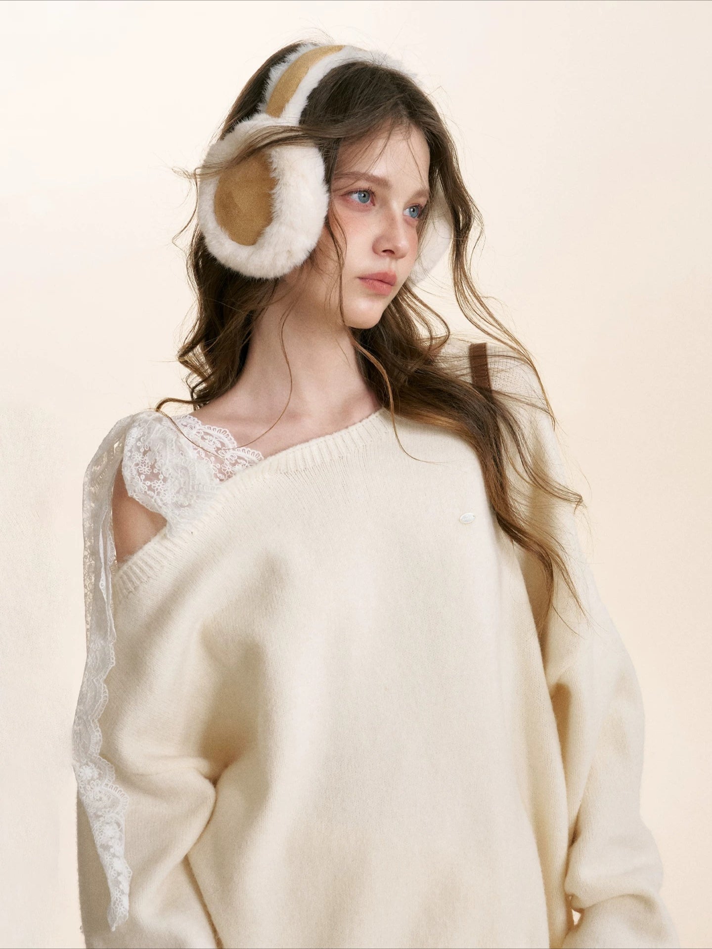 Gray & Apricot Lace-Tie Knit Set