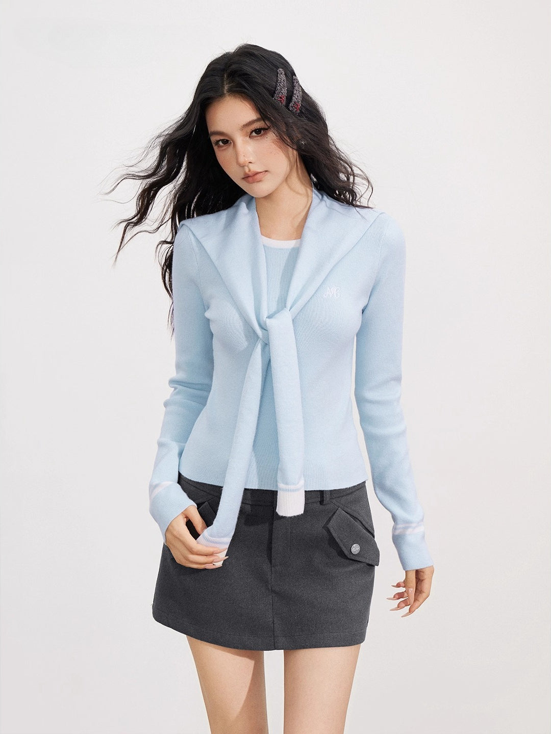 Gray & Blue Shoulder Crewneck Layer & Cape Set